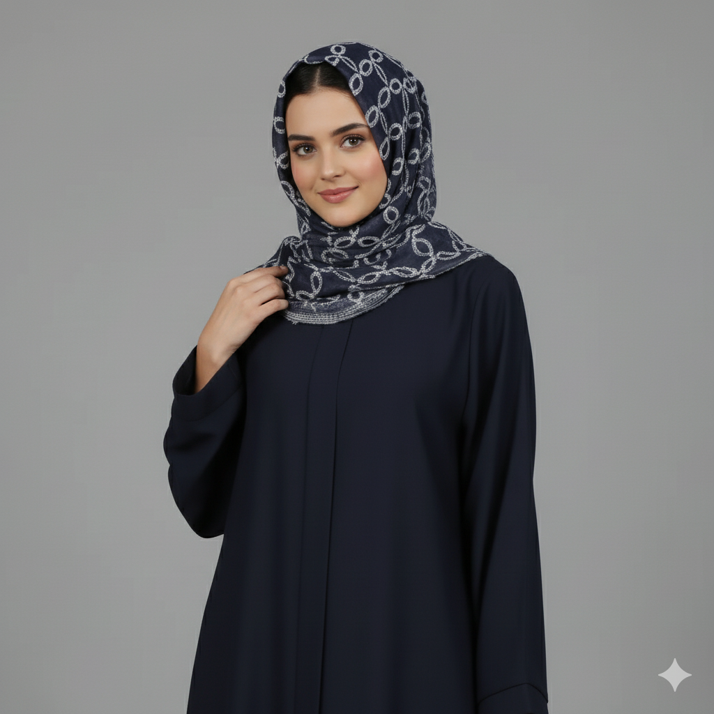 Woman wearing a dark blue abaya with a patterned headscarf on a gray background